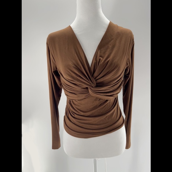 Tracy Front Twist V neck Long Sleeve Brown Top Size Medium - Picture 1 of 6